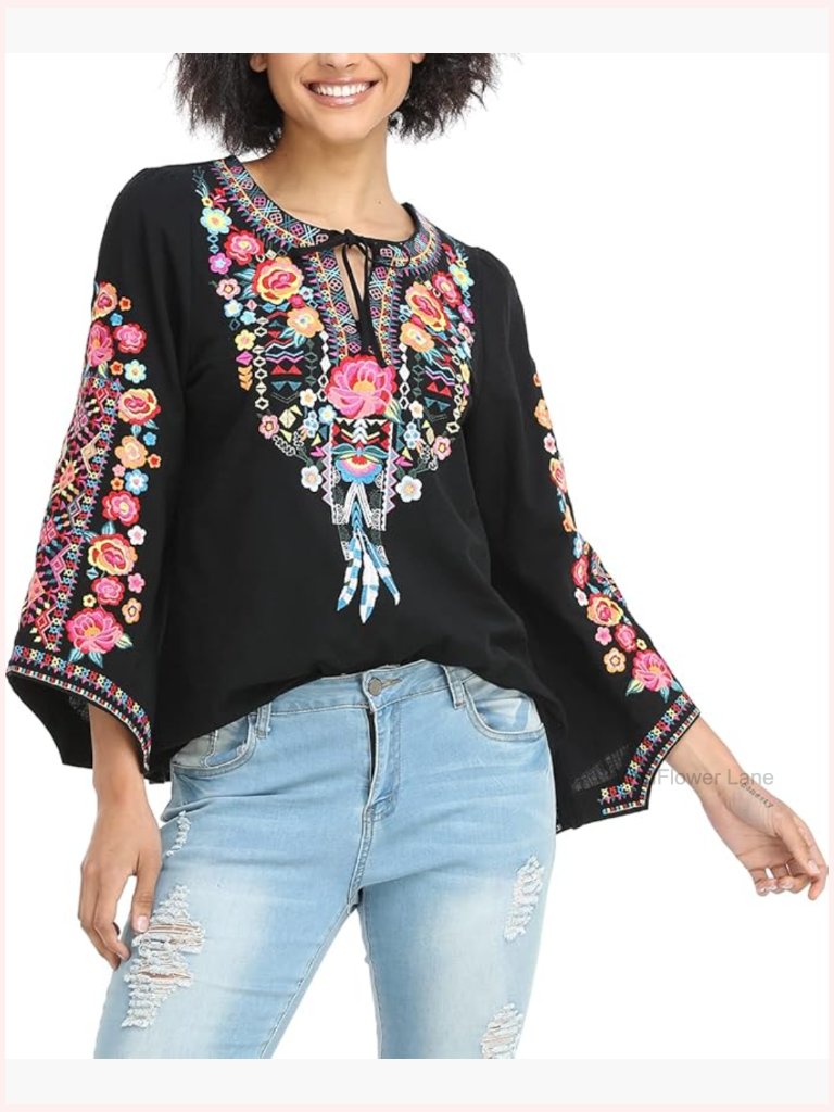 Embroidery V Neck Bohemian Cotton Tunic Top Long Sleeve